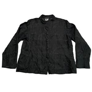 Citron Santa Monica Blouse Medium Black Jacquard Mandarin Linen Silk Lagenlook